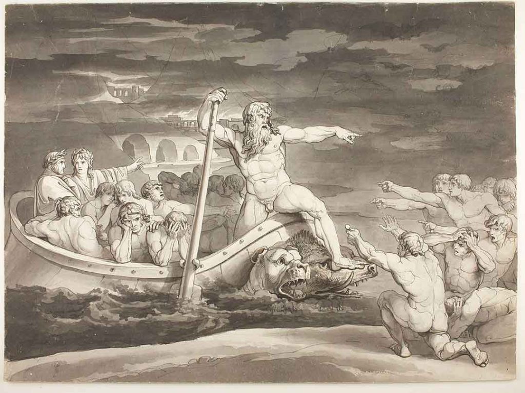Black and white illustration by Bartolomeo Pinelli of Charon and his boat filled with the dead on the river styx.