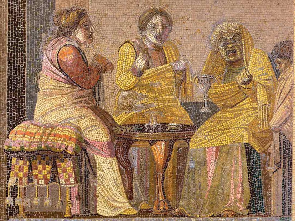 Roman mosaics from Villa del Cicerone in Pompeii of a theatre scene showing two women visiting a witch, all of them are wearing theatre masks.