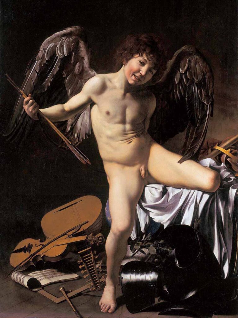Caravaggio's painting "omnia vincit amor" with Amor depicted as a young naked boy with large wings.