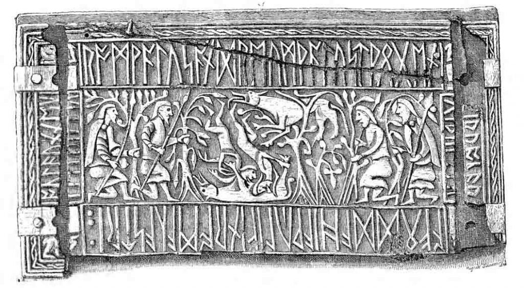 Side of a whale's bone box from the early 8th century called "the Franks Casket" showing Romulus, Remus and the she-wolf, and runes.