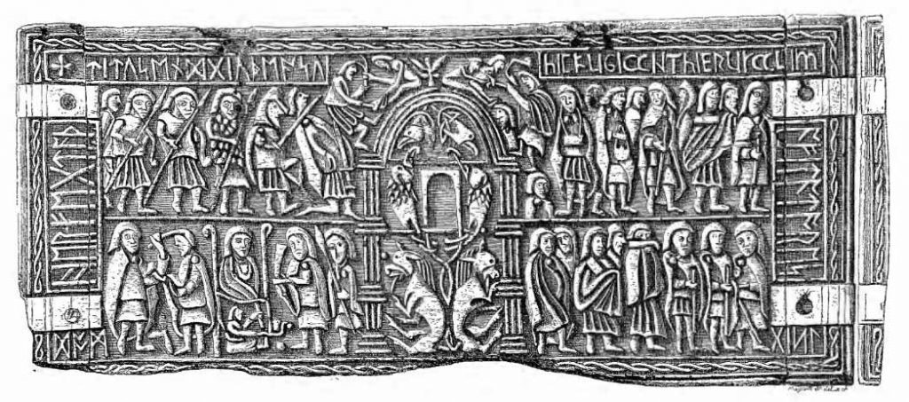 A small whale's bone casket from the early 8th century called "the Franks Casket" covered in narrative scenes and runes.