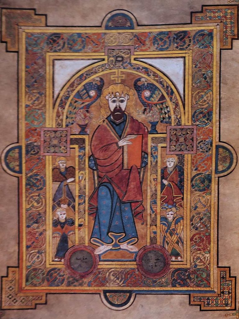 An illustration showing a bearded Christ on a throne, from the book of Kells, 9th century.
