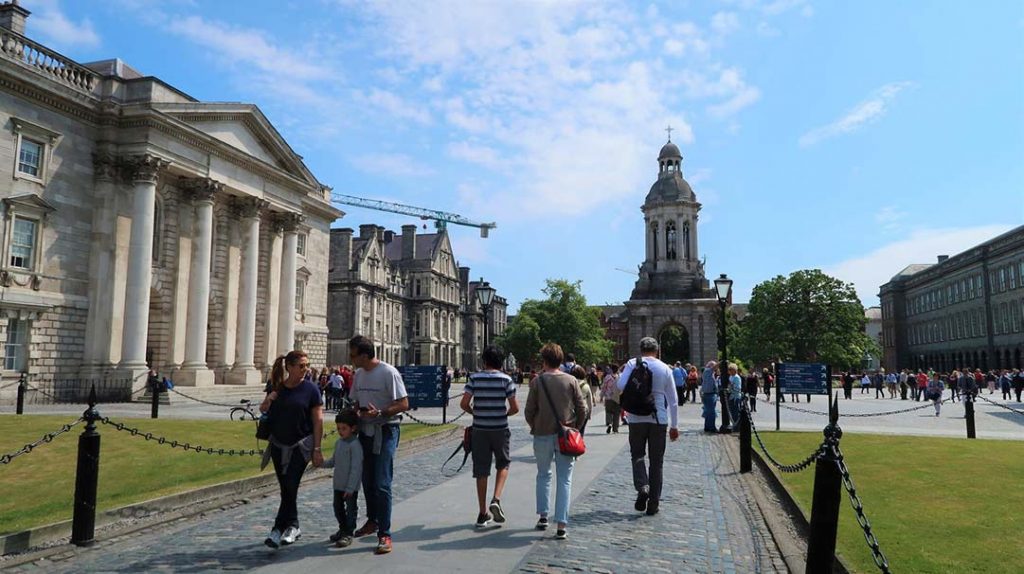 Trinity College campus in Dublin on a sunny spring day.