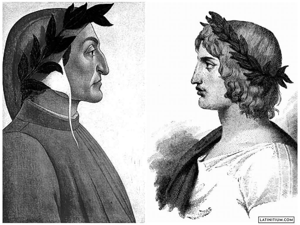 Black and white image of Botticelli's Dante to the left and Virgil to the right.