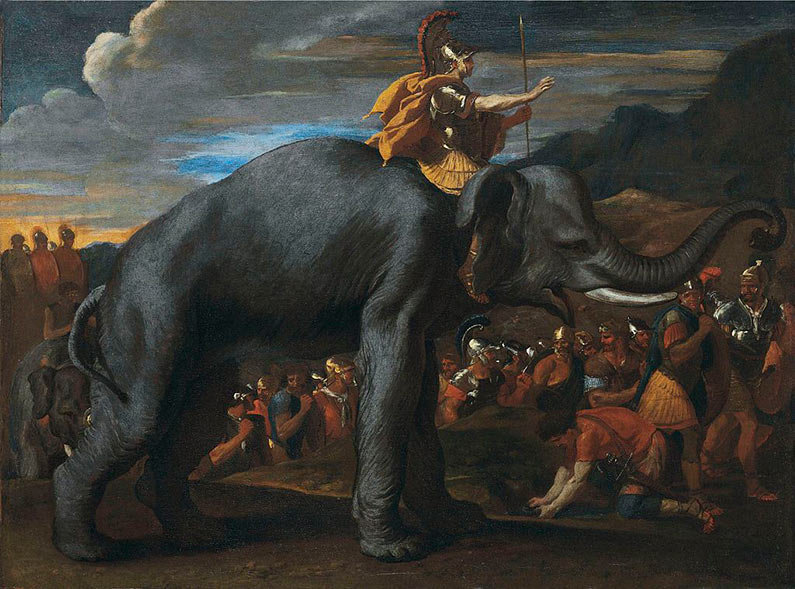 Hannibal on the back of an elephant as he is crossing the alps. Painting by Nicolas Poussin.