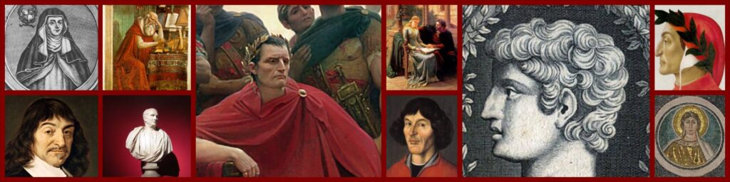 Medley of Latin authors. From the left: Hroswitha, Hieronymus, Descartes, Cicero, Caesar, Heloise and Abelard, Copernicus, Nepos, Dante, St. Perpetua