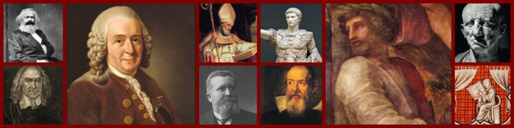Collage of Latin authors, from the left: Karl Marx, Thomas Hobbes, Carolus Linneaus, Isidorus Hispalensis , Jean Jaurès, Augustus, Galileo Galilei, Ennius, Cato Maior, Einhard