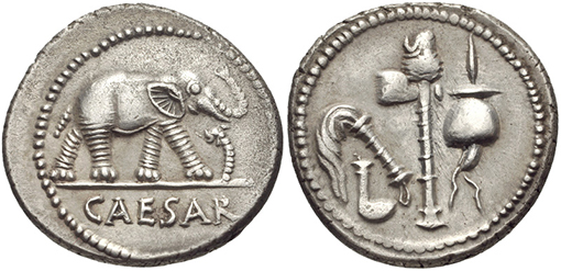 Roman coin, a denarius, showing an elephant above the name Caesar.