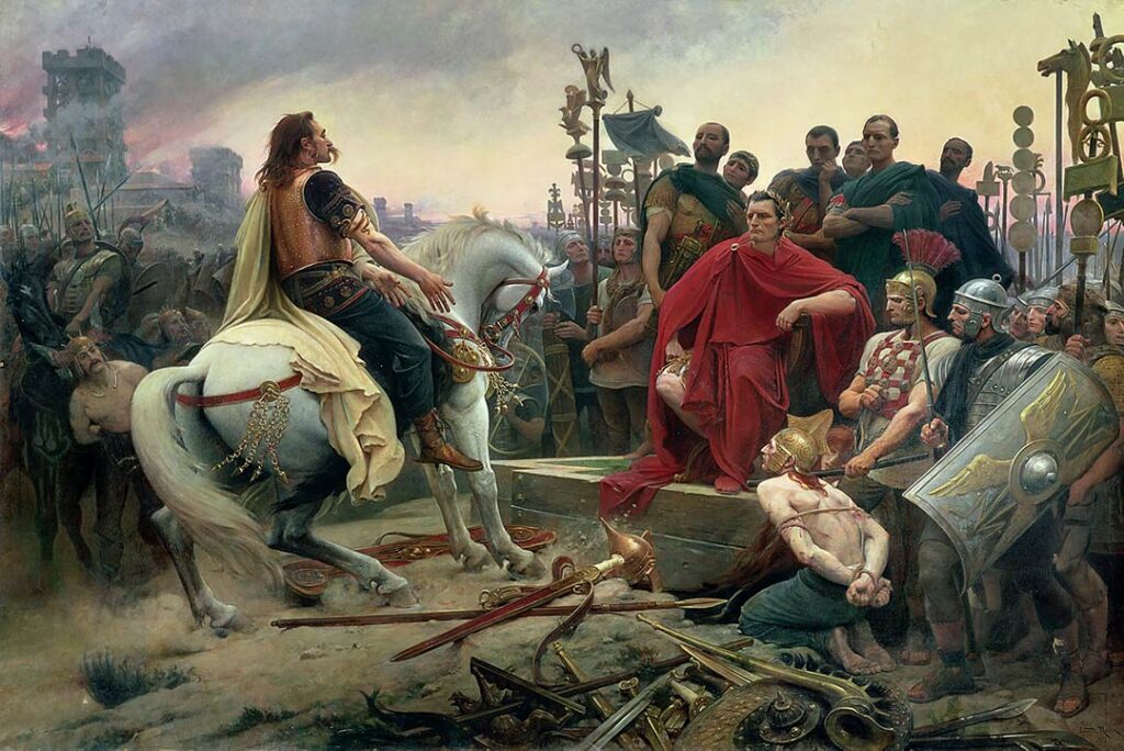 Painting by Lionel Royer form 1899 showing how Vercingetorix throws down his weapons at the feet of Julius Caesar ather the battle of Alesia