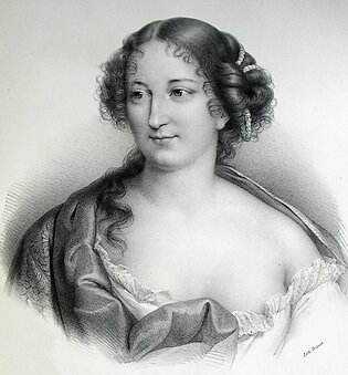Black and white engraving of Madame Deshoulières.