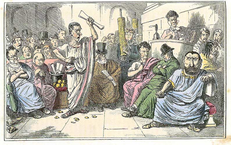 Comic depiction of Cicero denouncing Catiline, by John Leech , 1850s.