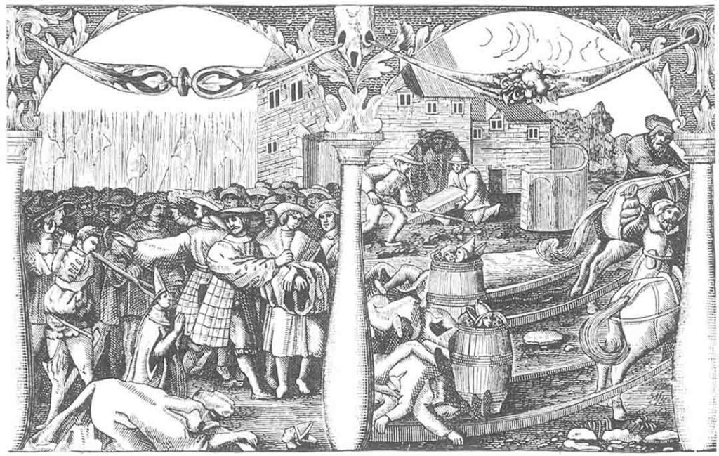 Two scenes from an uncolourised version of Blodbadsplanschen showing details from the bloodbath of Stockholm.