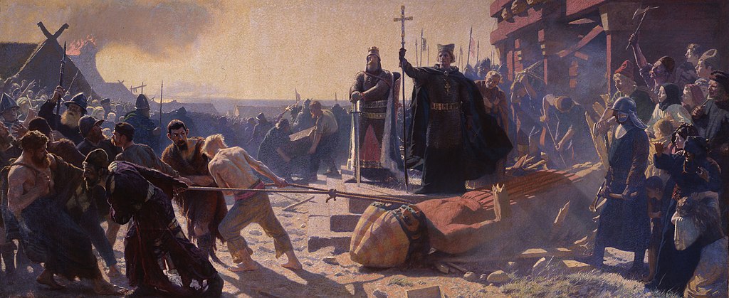Painting by Laurits Tuxen, showing the Taking of Arkona in 1169 with King Valdemar of Denmark and Bishop Absalon.