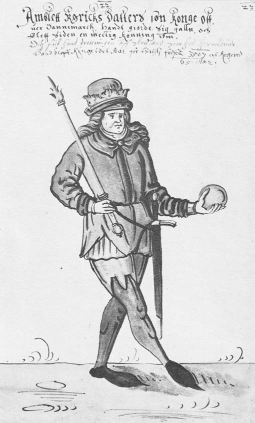 A painted 17th century illustration of Amblett or Amleth whose story is found in Gesta Danorum and which Shakespeare's "Hamlet" is based.