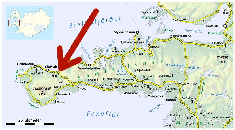 Map of the peninsula called Snæfellsnes in western Iceland with a red arrow pointing to Froda – the place where Latinitium's Holloween special takes place.